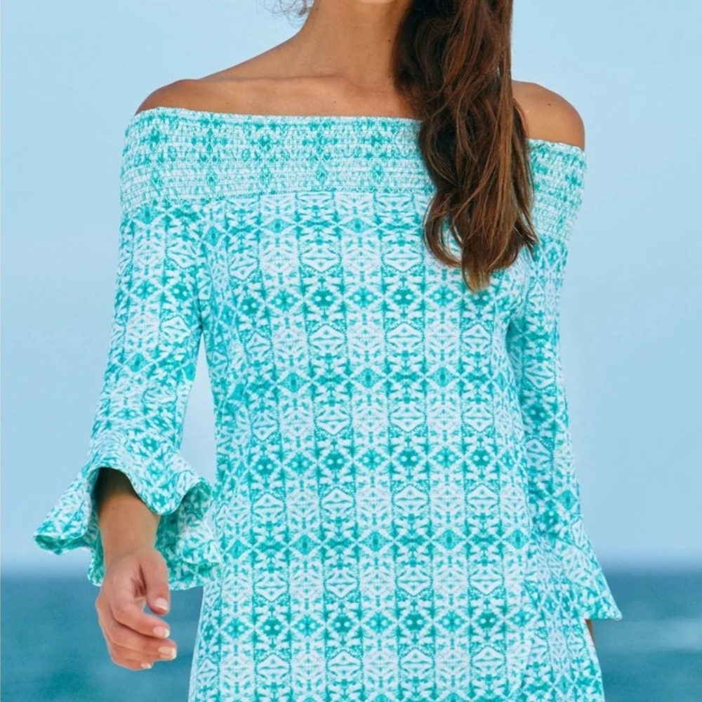 Cabana Life Off-Shoulder Turquoise Patterned Dress